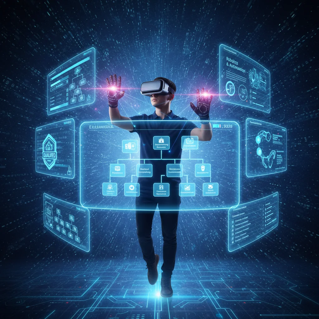 Persona aprendiendo nuevas habilidades con realidad virtual, representando la formación continua y digital.