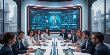 Empleados españoles en formación digital interactiva en un entorno moderno.