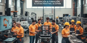 Jóvenes y profesionales colaborando en un proyecto industrial moderno, representando la Formación Dual en España.