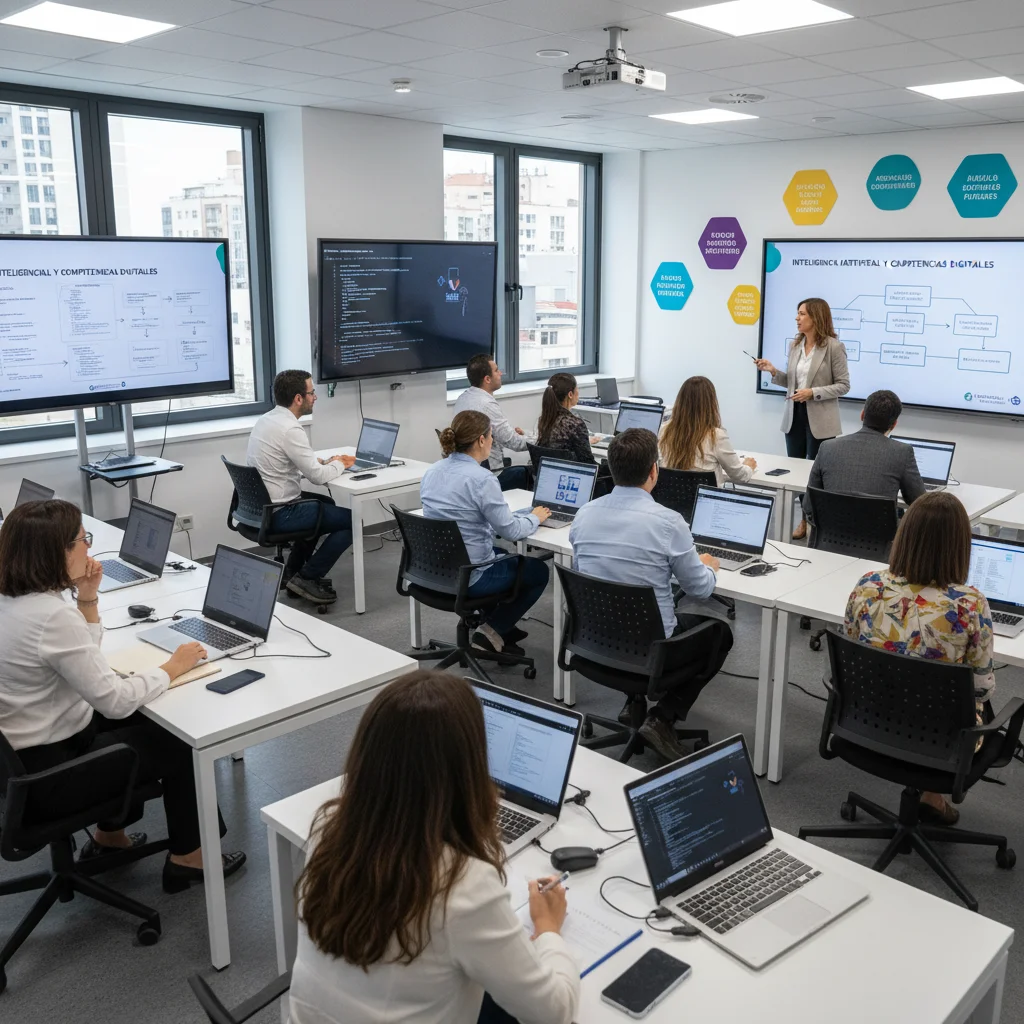 Personas formándose en habilidades de IA y competencias digitales para el nuevo mercado laboral español.