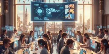 Estudiantes diversos interactuando con plataformas de formación online en un entorno digital moderno, simbolizando el crecimiento de la educación digital en España.
