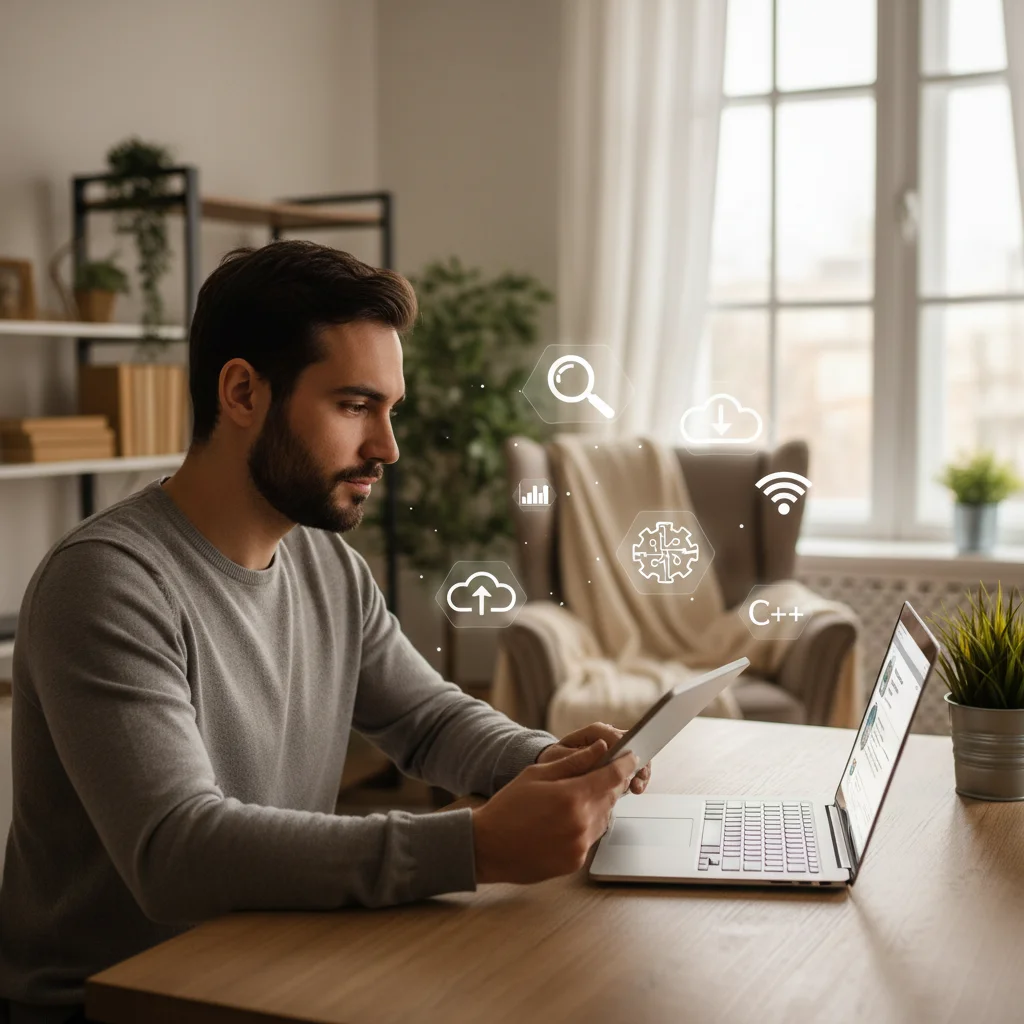 Persona aprendiendo habilidades digitales en línea, con iconos de ciberseguridad y ciencia de datos.