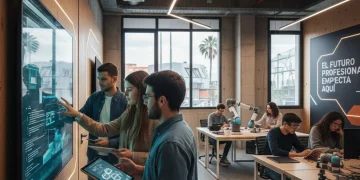 Jóvenes estudiantes colaborando en un centro de formación profesional moderno en España.