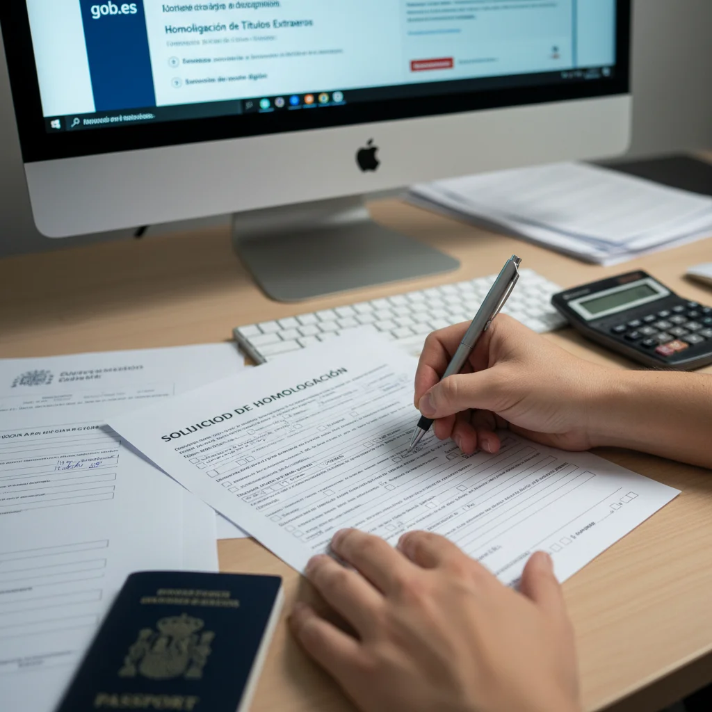 Persona completando formulario de solicitud de homologación de título