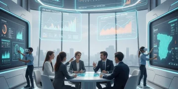 Profesionales colaborando en un entorno tecnológico, simbolizando el futuro del empleo en España 2026.