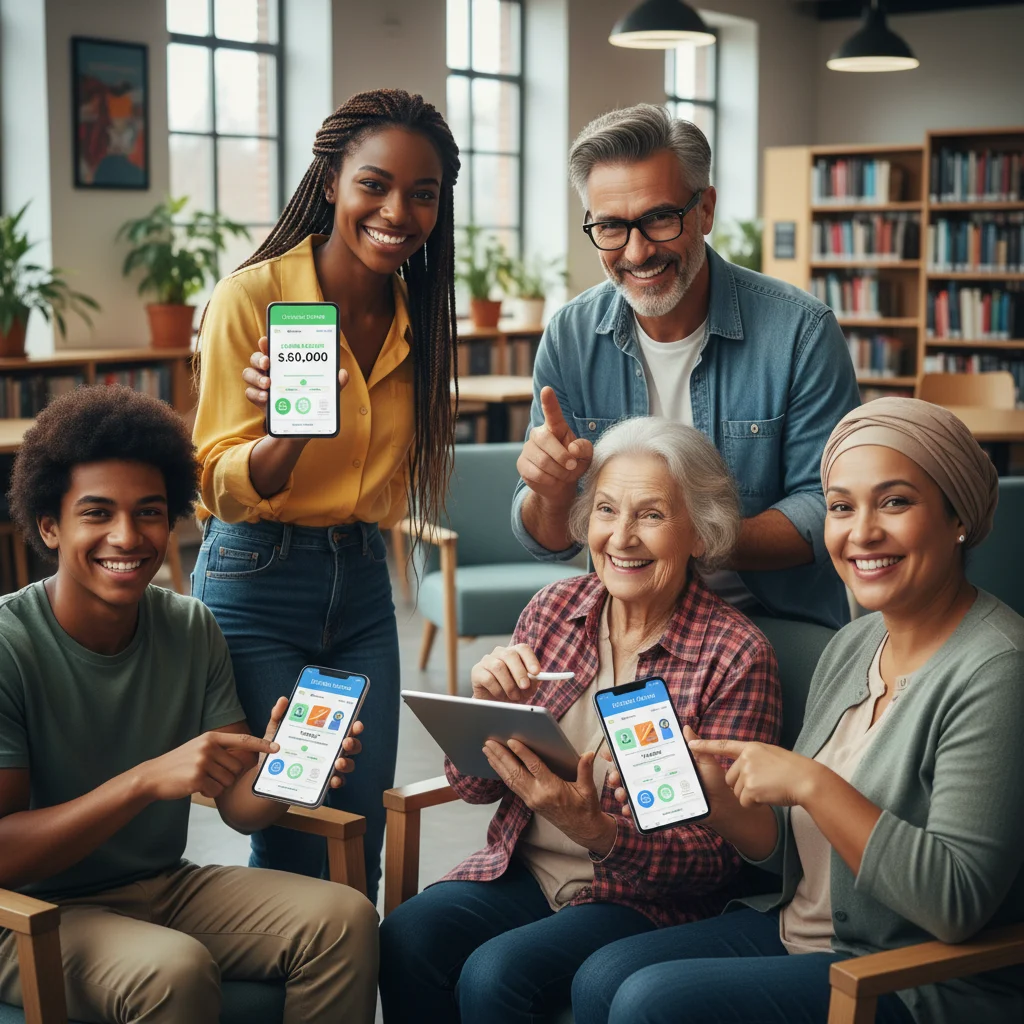 Diversas personas gestionando sus finanzas desde dispositivos móviles, representando la accesibilidad de las cuentas de ahorro.