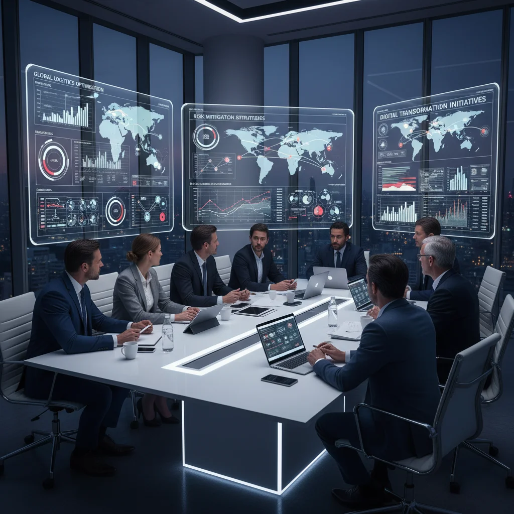 Profesionales de la cadena de suministro analizando datos y estrategias de digitalización en una sala de reuniones moderna.
