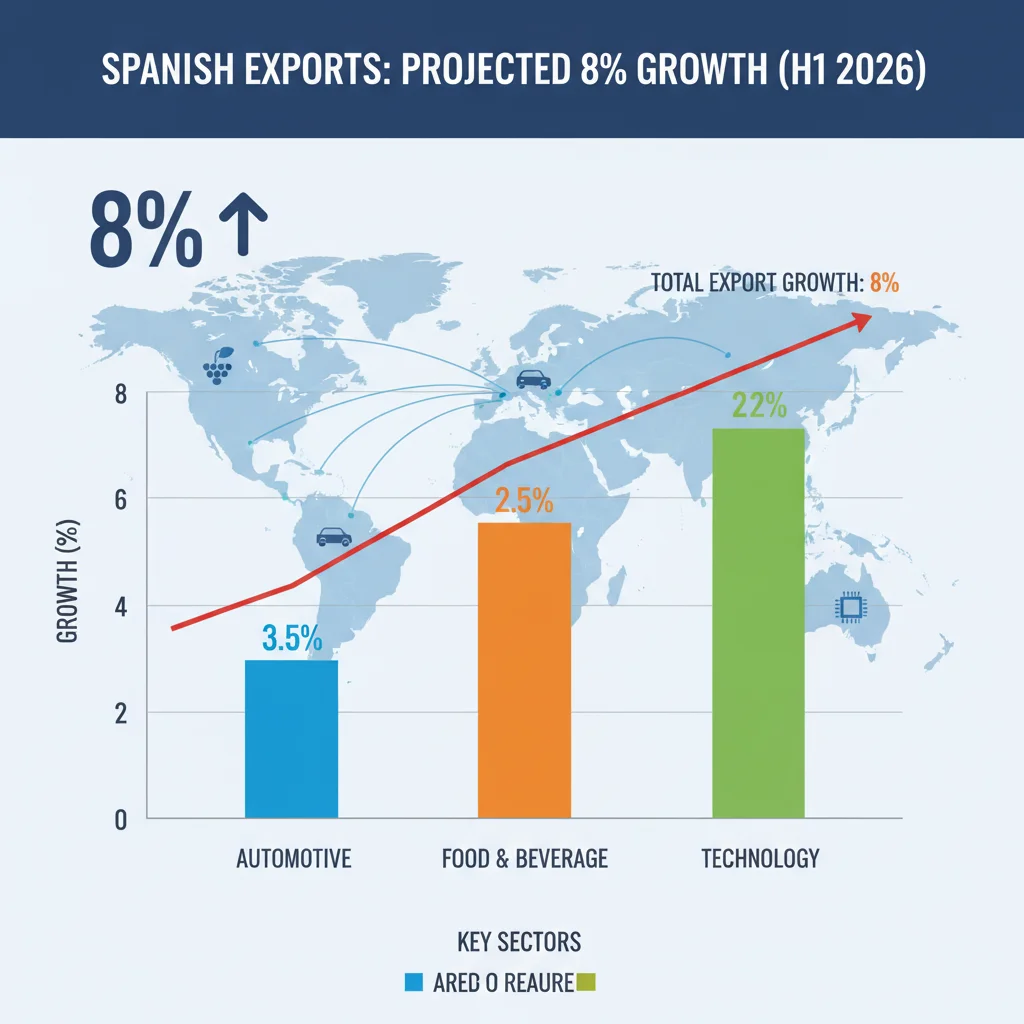 Gráfico de barras que ilustra el crecimiento del 8% de las exportaciones españolas en 2026 por sectores clave.