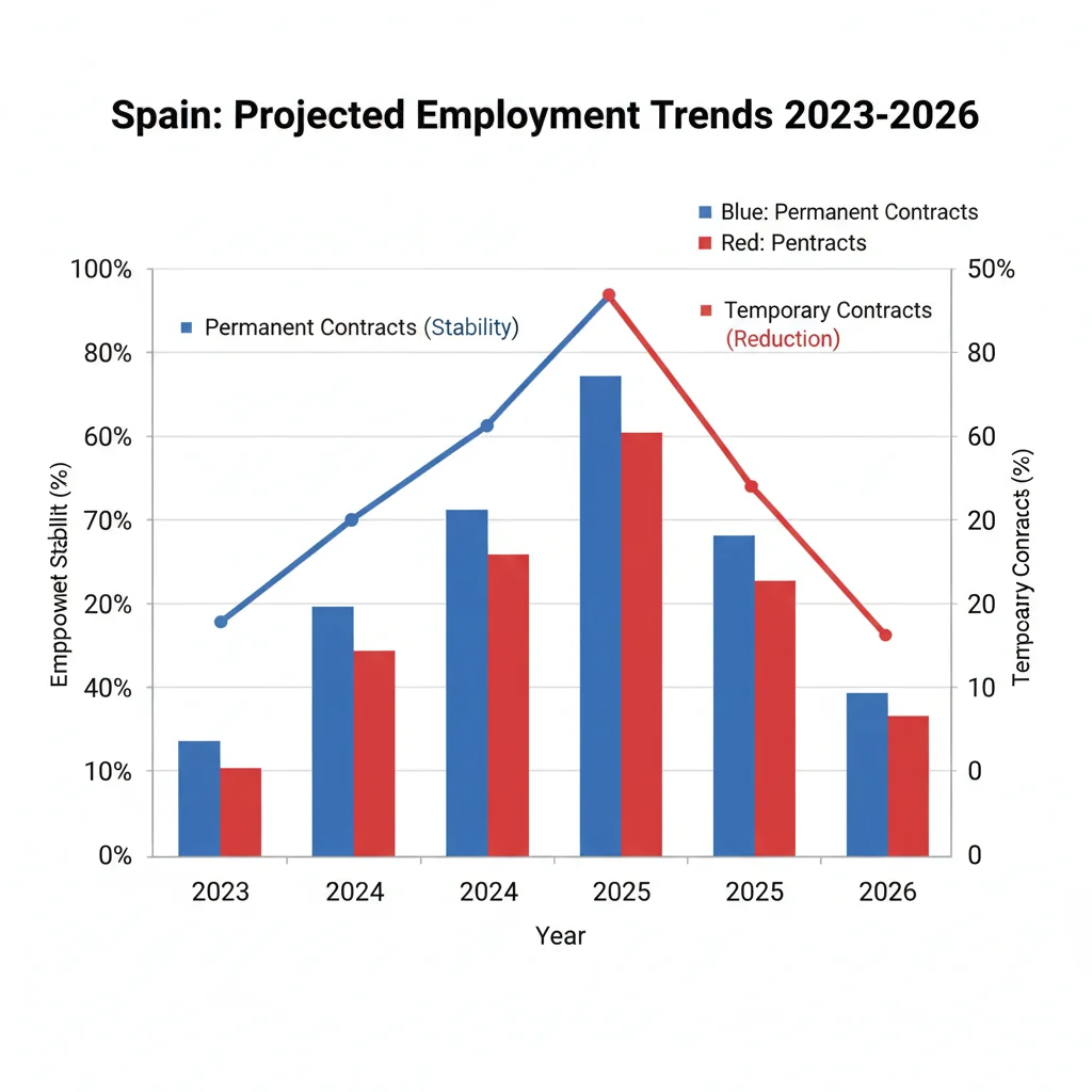 Gráfico de la evolución de la estabilidad laboral y la contratación indefinida en España hasta 2026.