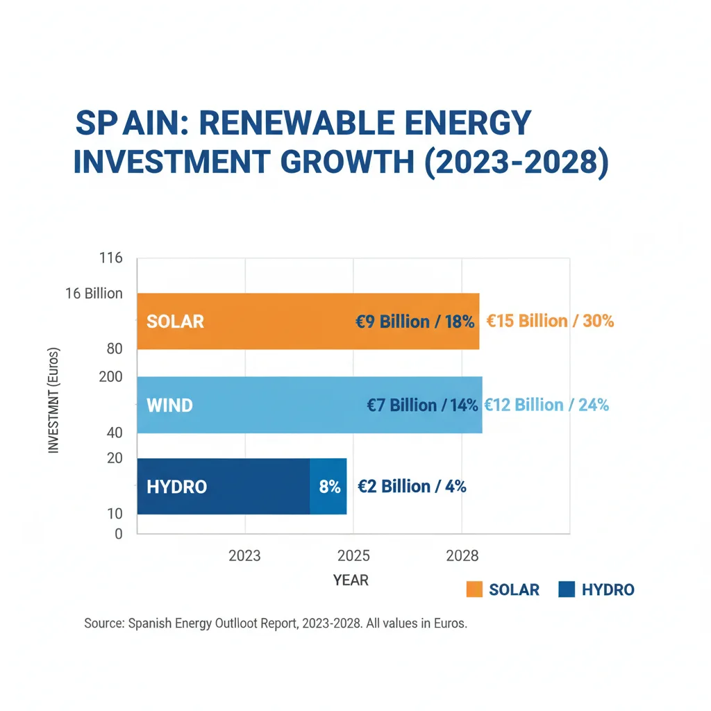 Gráfico de barras con proyecciones de inversión en diferentes tipos de energía renovable en España hasta 2028.