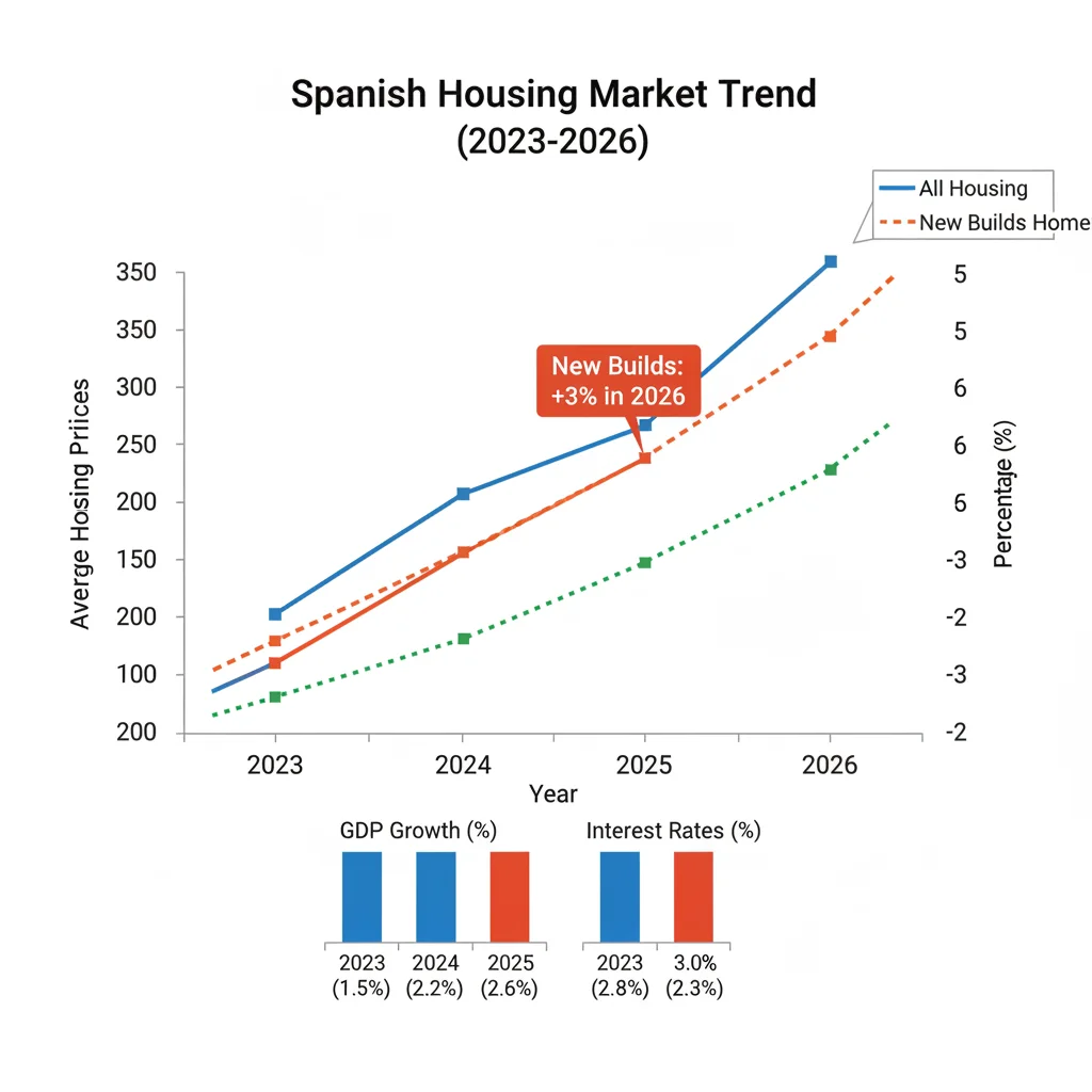 Gráfico de tendencias de precios de vivienda en España con previsión de aumento del 3% para 2026.