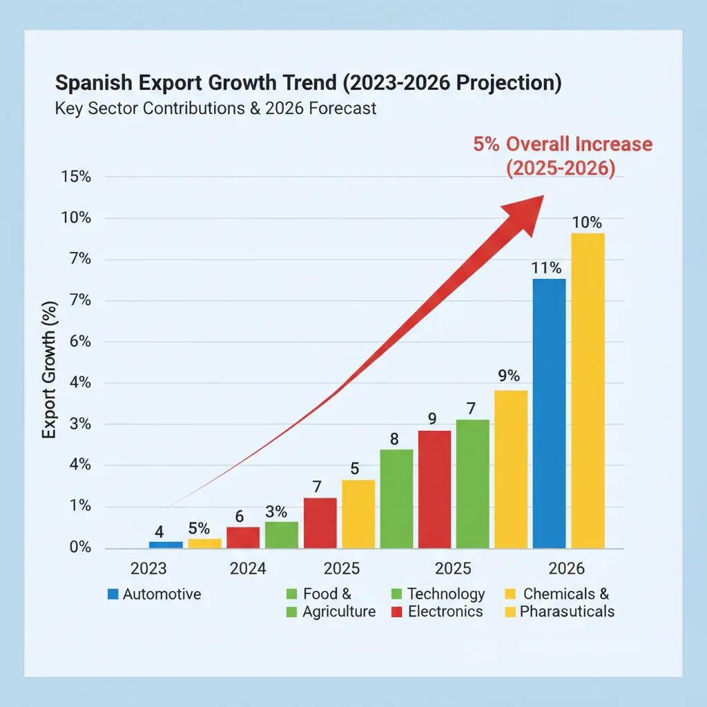 Gráfico de proyección de crecimiento de exportaciones españolas hasta 2026, destacando el 5% de aumento.
