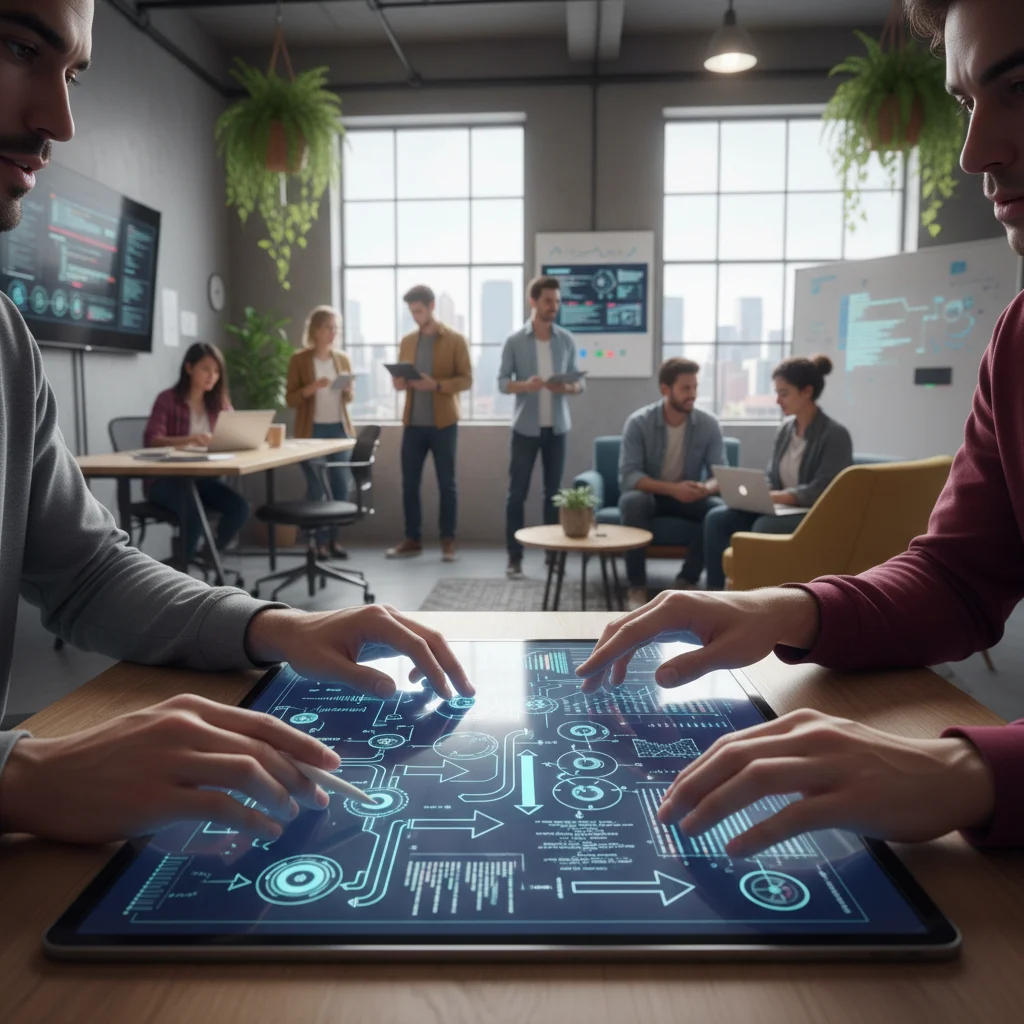 Manos colaborando en una tablet con datos y código, simbolizando la alta demanda de habilidades digitales y STEM en el mercado laboral español.