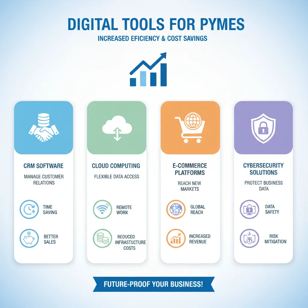 Infografía detallada de herramientas digitales para PYMES, mostrando beneficios de eficiencia.