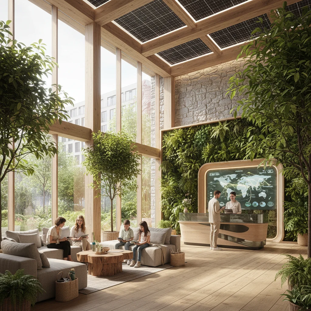 Lobby de un hotel ecológico y moderno, destacando la sostenibilidad y la digitalización en el sector turístico.