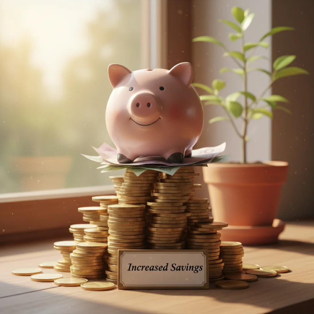 Hucha sobre monedas y billetes, representando el ahorro y la estabilidad financiera.