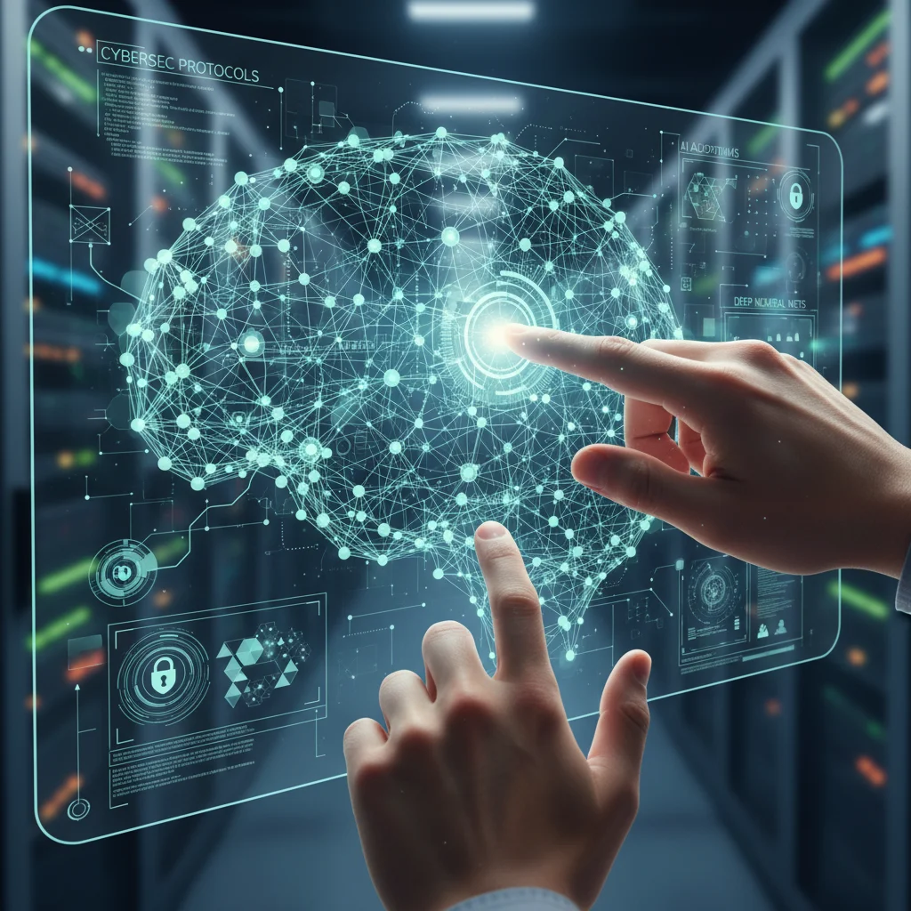 Red de nodos digitales y manos interactuando con una pantalla táctil, ilustrando la inteligencia artificial y la ciberseguridad.
