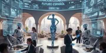 Profesionales colaborando con IA en un entorno de trabajo moderno, simbolizando la creación de empleo en España.