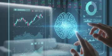 Interfaz digital futurista con gráficos financieros y un icono de cerebro de IA, representando la gestión inteligente de finanzas personales.