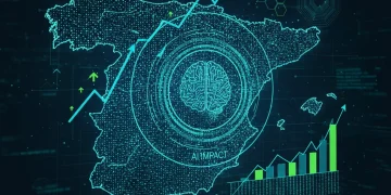Mapa digital de España con indicadores de crecimiento económico y desarrollo tecnológico impulsados por IA.