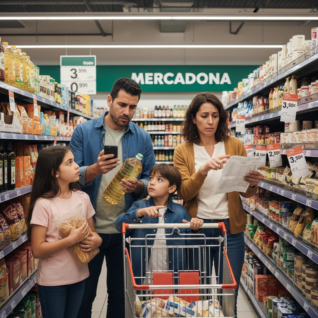 Familia en un supermercado español examinando precios, reflejando el impacto de la inflación en las decisiones de compra.