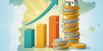 Salario Mínimo 1200 Euros 2026: Impacto en la Economía Española Gráfico de barras ascendentes con monedas y casa, representando el impacto económico del salario mínimo en España.