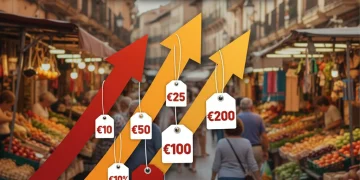 Inflación 3,2% España 2026: Impacto y Sectores Resilientes en el Consumo Gráfico de inflación con flechas ascendentes y etiquetas de precios sobre un fondo de mercado español, representando el impacto económico.