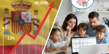 Gráfico de inflación en España al 3,2% y familia gestionando presupuesto
