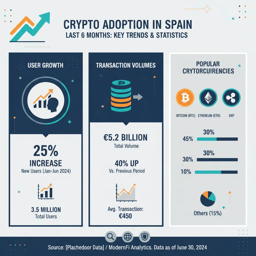 Infografía con estadísticas clave de adopción de criptomonedas en España, mostrando crecimiento de usuarios y volumen de transacciones en los últimos seis meses.