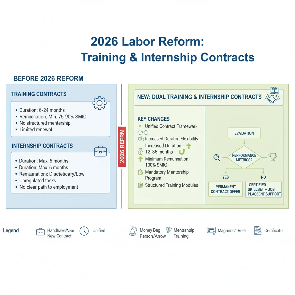 Infografía de los cambios clave en contratos de formación y prácticas por la reforma laboral 2026