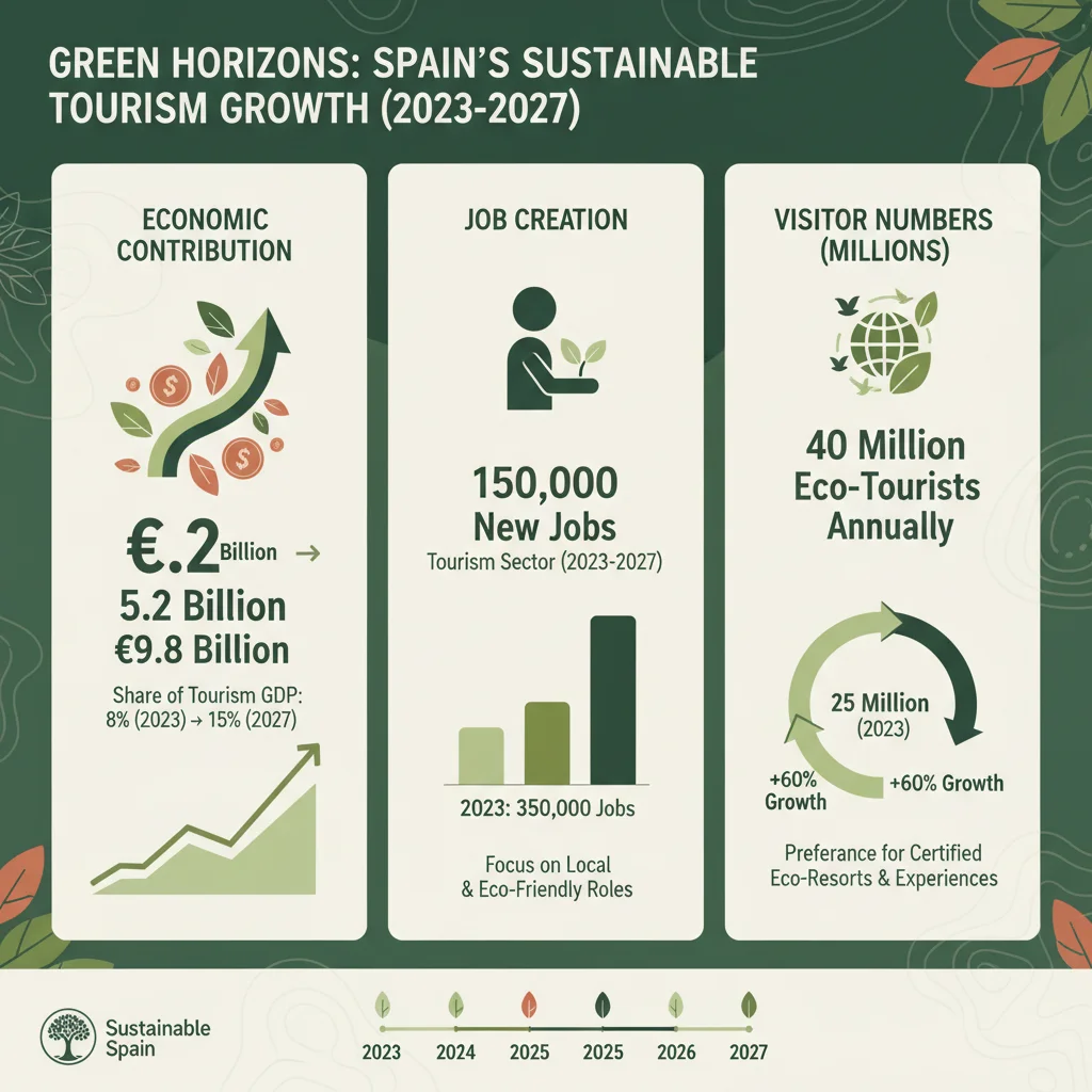 Infografía de crecimiento y proyecciones económicas del turismo sostenible en España hasta 2027.