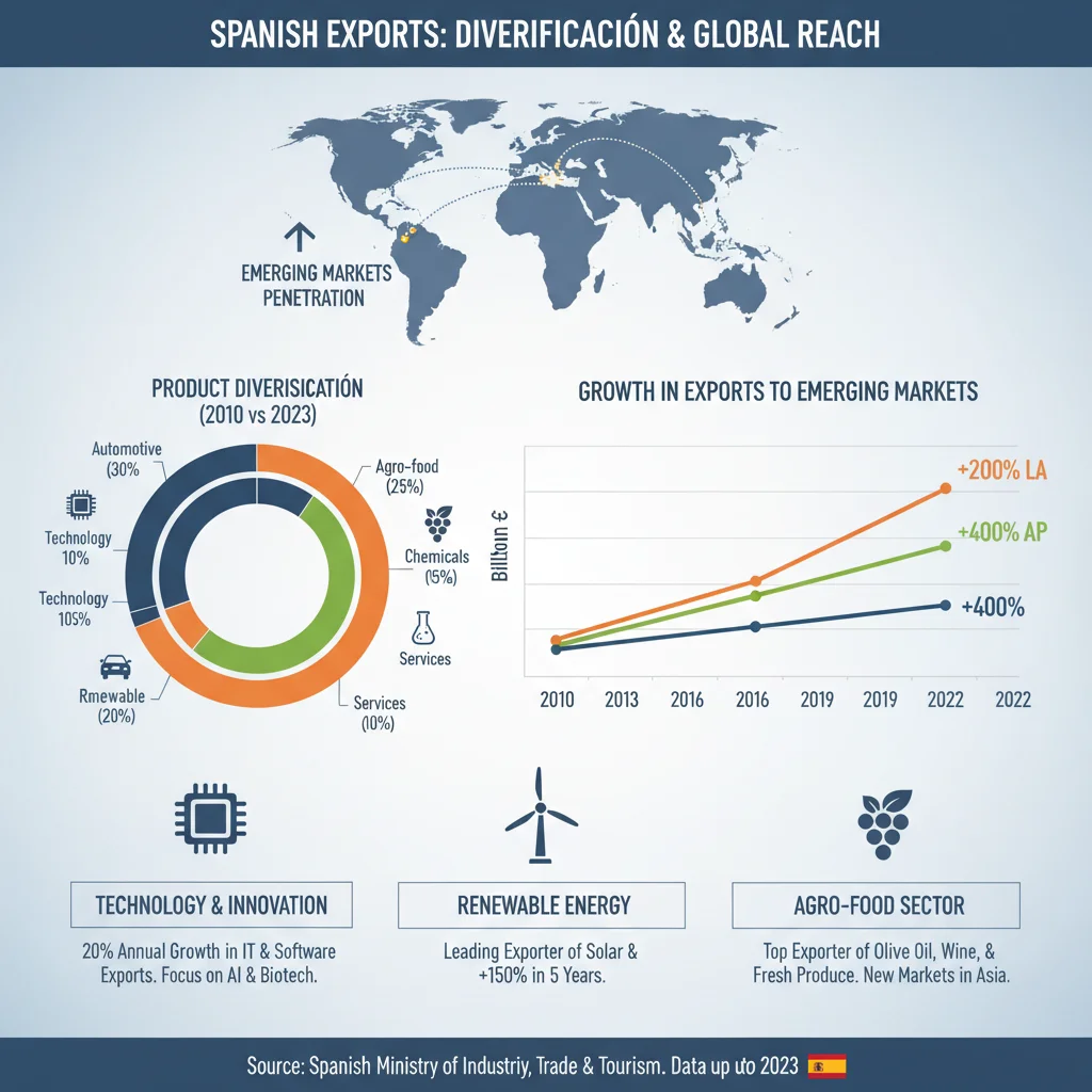 Infografía detallada sobre la diversificación y penetración de las exportaciones españolas en nuevos mercados