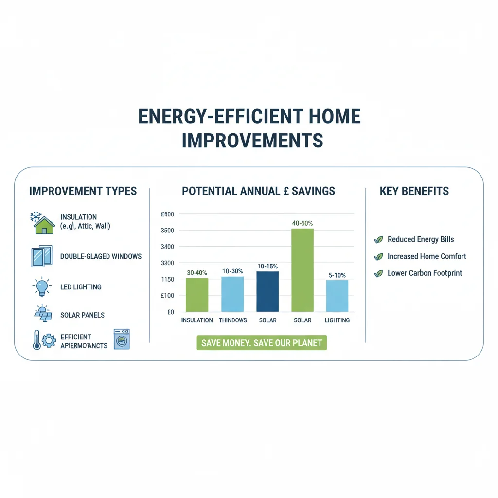Infografía de mejoras en el hogar para eficiencia energética: aislamiento, ventanas dobles y termostatos inteligentes.