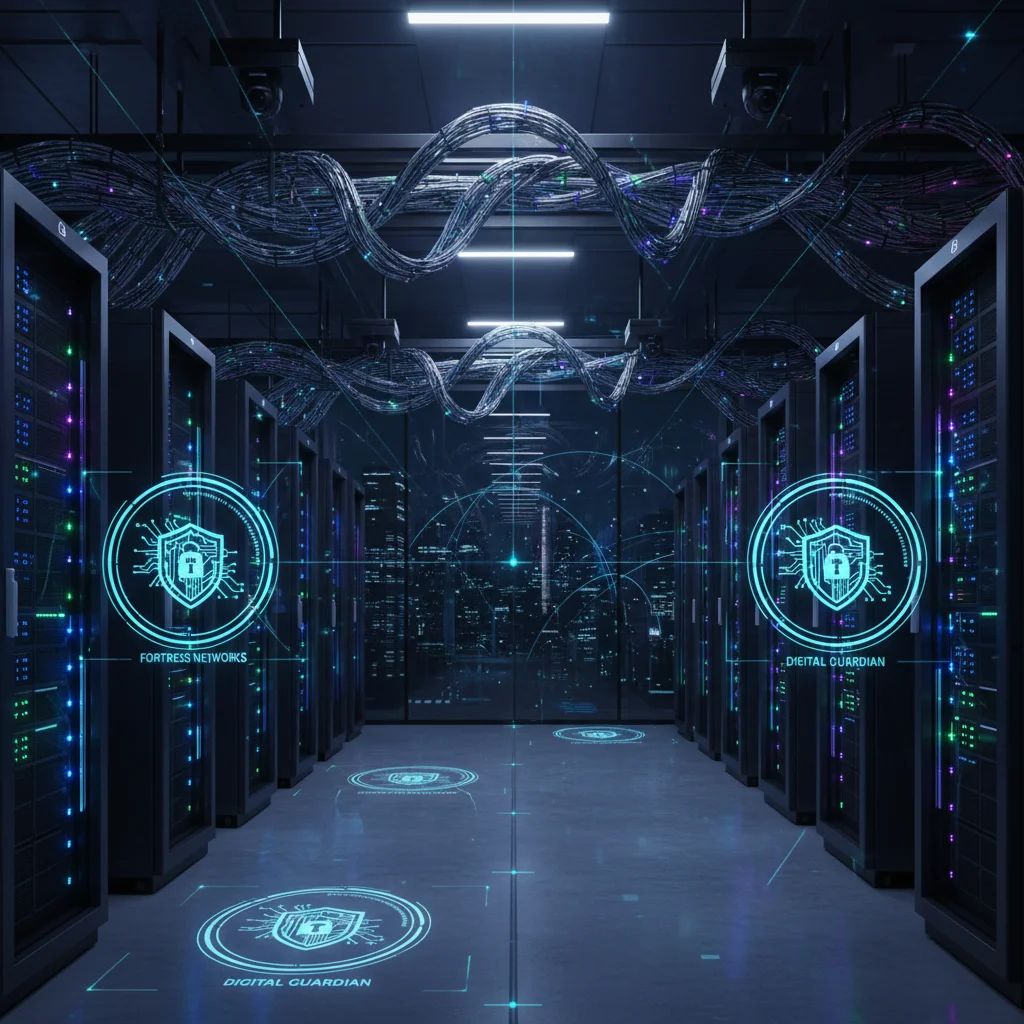 Centro de datos seguro con servidores y cableado de red avanzados.