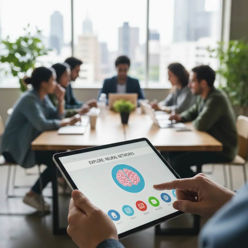 Mano sosteniendo una tablet con un módulo de e-learning interactivo, destacando la accesibilidad y el engagement de la formación online.