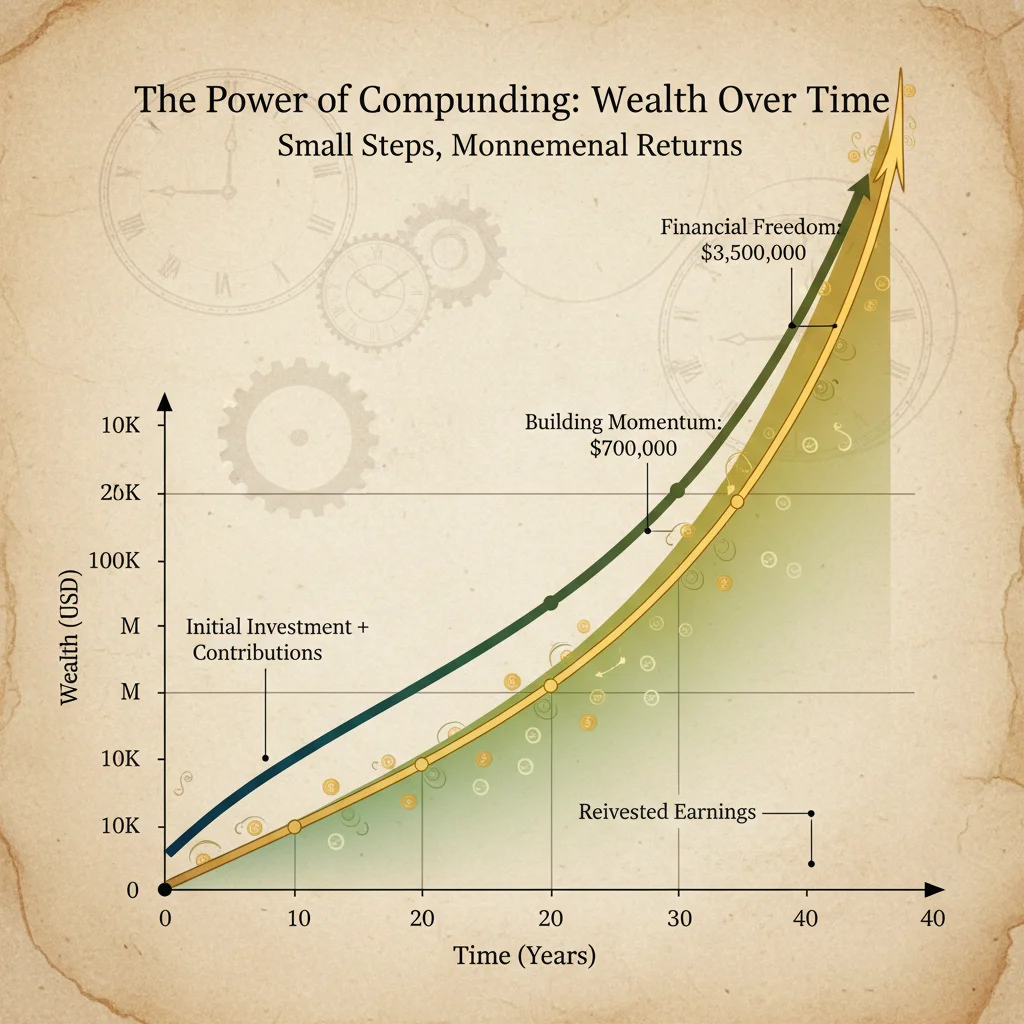 Gráfico de interés compuesto mostrando el crecimiento exponencial del ahorro a largo plazo.