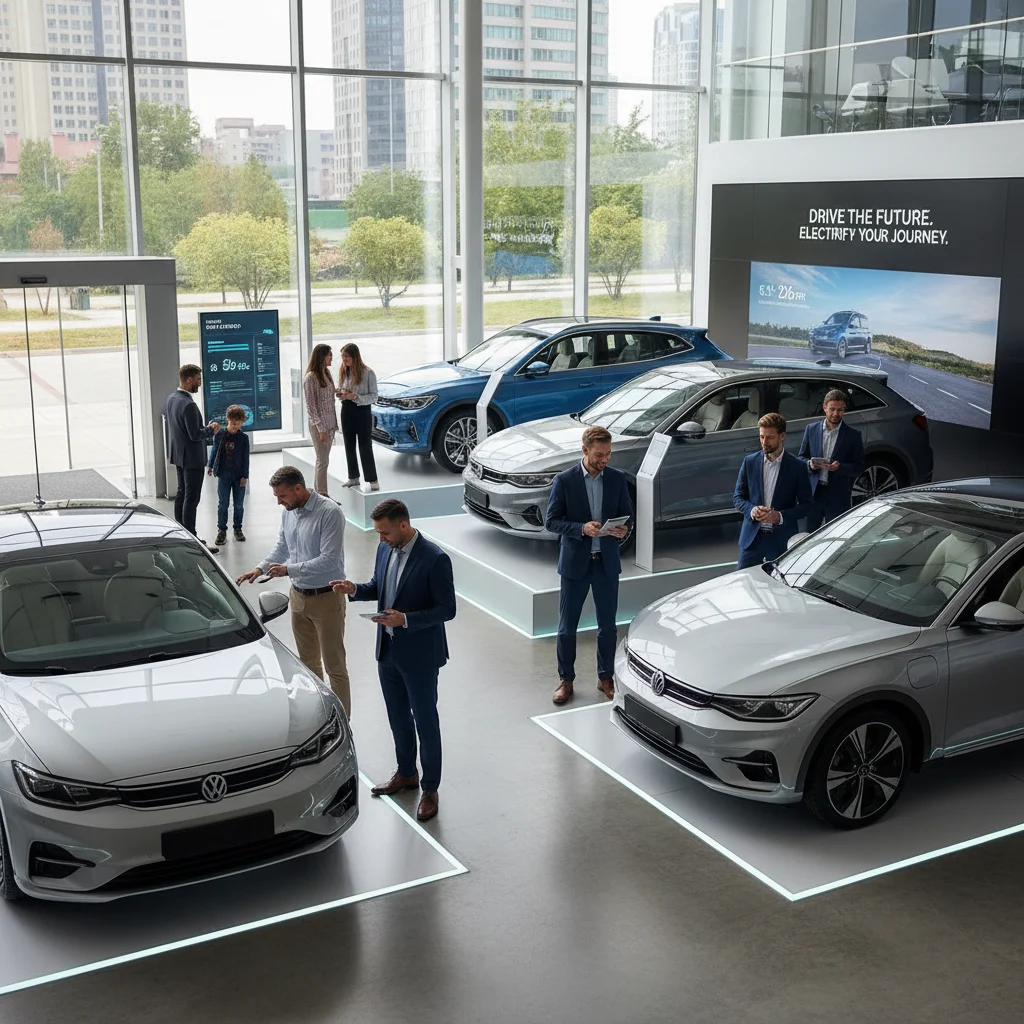 Familias y profesionales examinando modelos de vehículos eléctricos en un concesionario, reflejando el aumento de las ventas y el interés del consumidor.