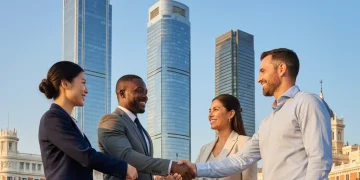 Panorama urbano de Madrid con empresarios internacionales sellando un acuerdo, simbolizando la inversión extranjera directa en España.