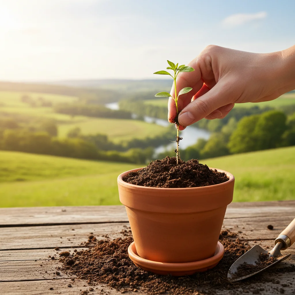 Mano plantando una pequeña plántula en una maceta, representando la inversión de impacto y el crecimiento ecológico.