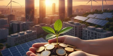 Paisaje urbano español moderno al atardecer con elementos de energía renovable, simbolizando la inversión sostenible y el crecimiento financiero.