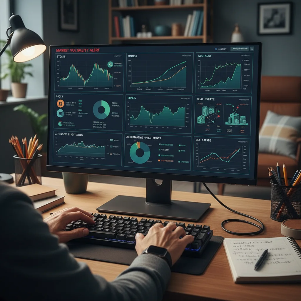 Pantalla de ordenador mostrando portafolio de inversiones diversificado, con manos en el teclado.