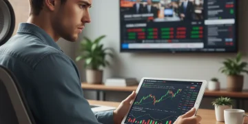 Mujer analizando gráficos de fondos indexados en una tablet, con expresión de concentración y determinación.