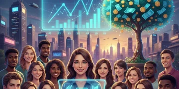 Jóvenes mirando gráficos financieros en una tableta, simbolizando el inicio de la inversión en 2026.