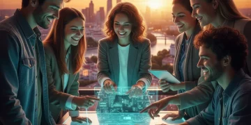 Jóvenes españoles colaborando en un proyecto tecnológico, simbolizando el futuro y la esperanza en el empleo.