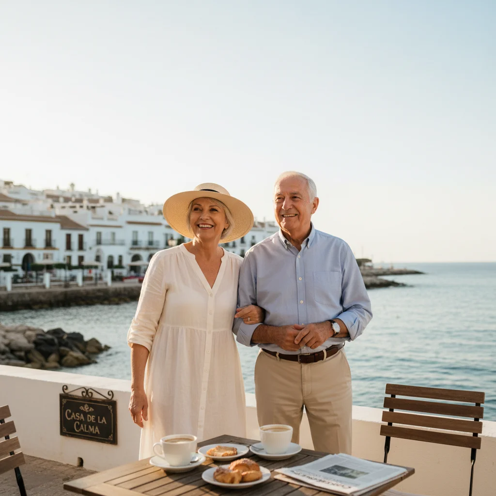Pareja disfrutando de una jubilación tranquila y cómoda en España.