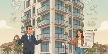 Ley de Vivienda 2026: Guía Completa para Propietarios e Inquilinos en España Edificio moderno con calendario 2026, propietario e inquilino frente a él, simbolizando la nueva ley de vivienda en España.