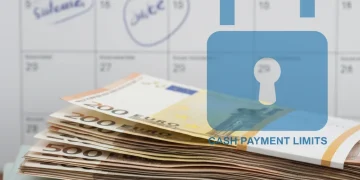 Billetes de euro apilados con un calendario de 2026 y un candado, simbolizando el nuevo límite de efectivo.