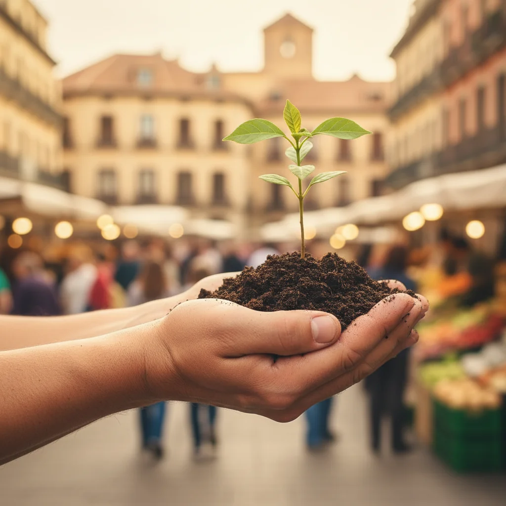 Mano sosteniendo un brote, representando la responsabilidad ambiental y el crecimiento sostenible.