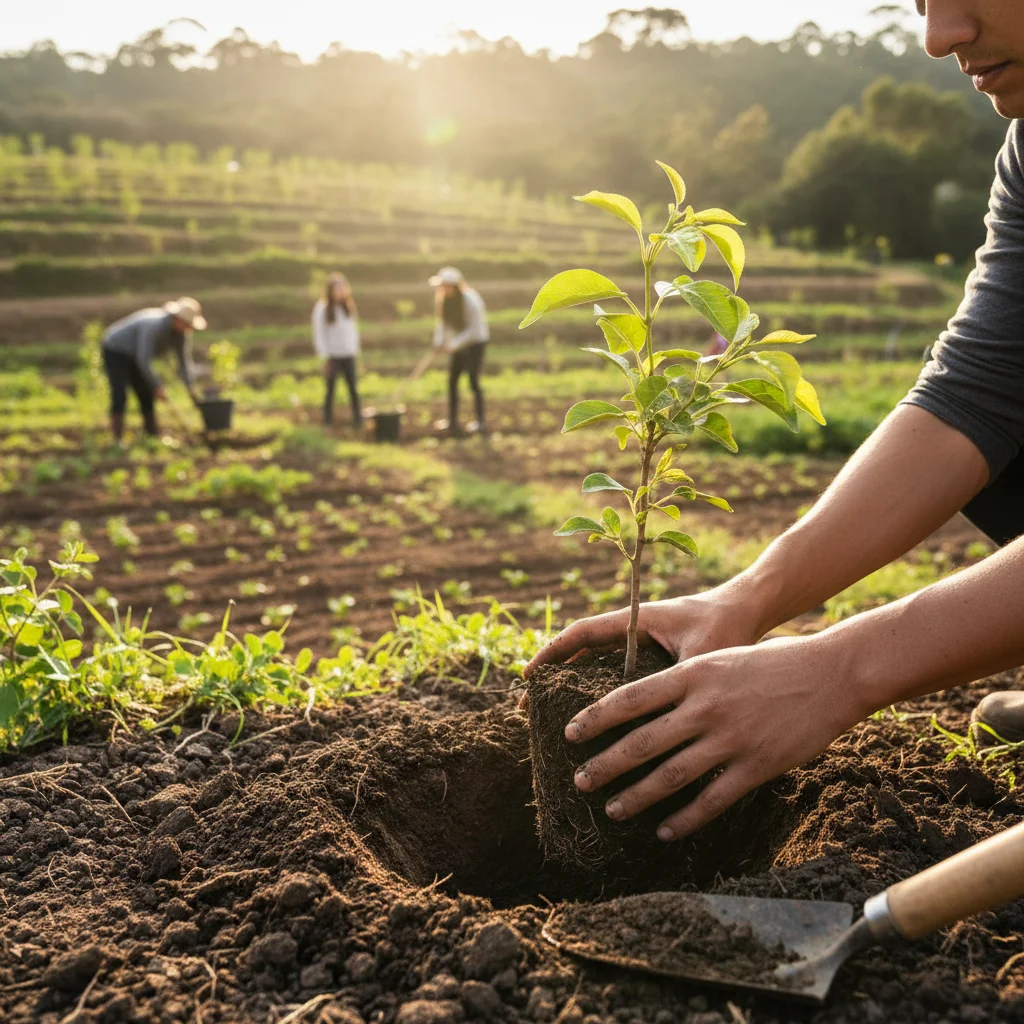 Manos plantando un árbol joven, representando la agricultura sostenible y la restauración ambiental en España.