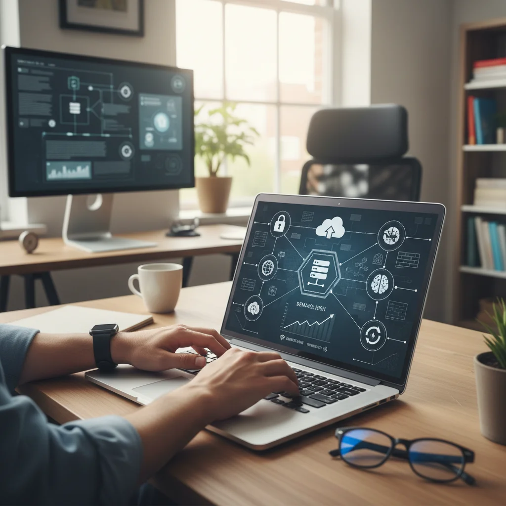 Manos trabajando en un portátil con iconos de ciberseguridad y computación en la nube.